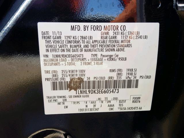 1LNHL9DK3EG605473 - 2014 LINCOLN MKS BLACK photo 10