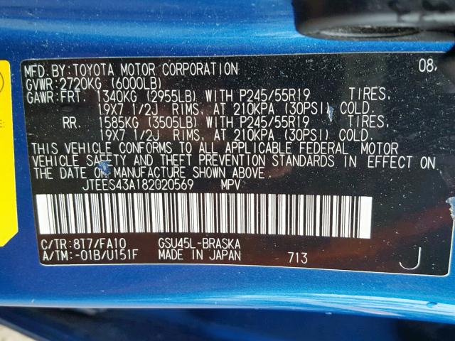 JTEES43A182020569 - 2008 TOYOTA HIGHLANDER BLUE photo 10