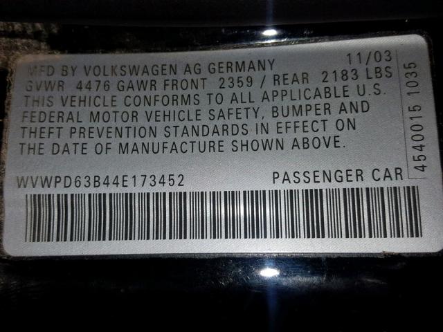 WVWPD63B44E173452 - 2004 VOLKSWAGEN PASSAT GLS BLACK photo 10