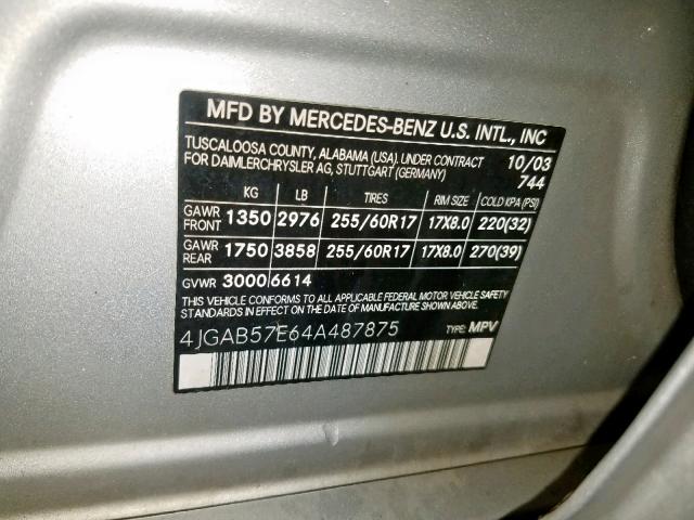 4JGAB57E64A487875 - 2004 MERCEDES-BENZ ML 350 GRAY photo 10