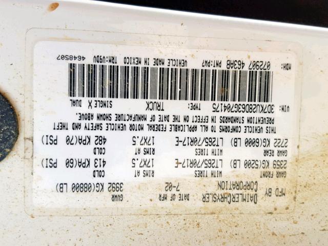 3D7KU28D63G704175 - 2003 DODGE RAM 2500 S თეთრი ფოტო 10