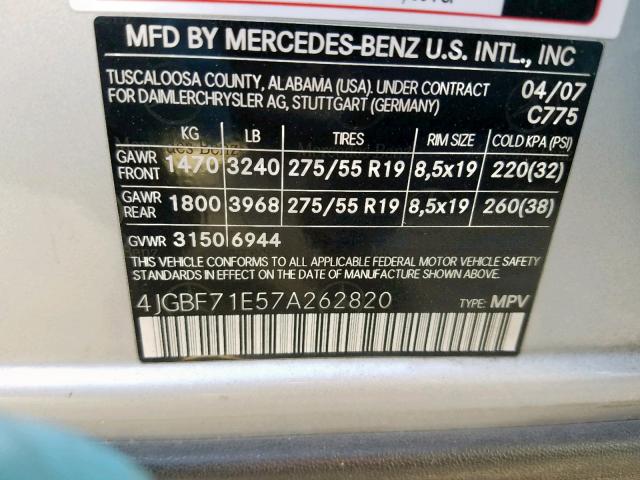 4JGBF71E57A262820 - 2007 MERCEDES-BENZ GL 450 4MA SILVER photo 10