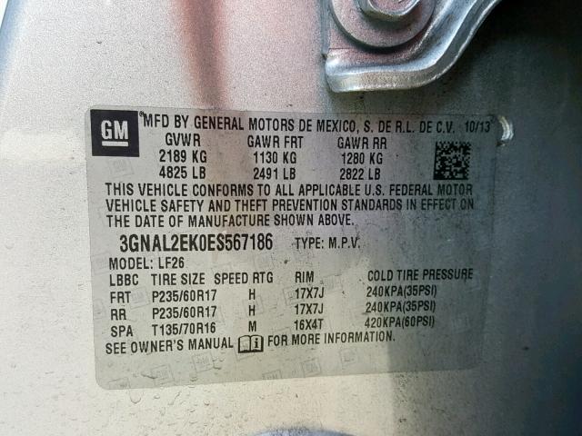 3GNAL2EK0ES567186 - 2014 CHEVROLET CAPTIVA LS ვერცხლისფერი ფოტო 10