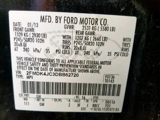 2FMDK4JC3DBB62720 - 2013 FORD EDGE SEL BLACK photo 10