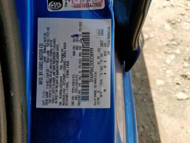 3FAHP0KC2CR228999 - 2012 FORD FUSION SPO BLUE photo 10