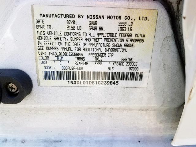 1N4DL01D81C239845 - 2001 NISSAN ALTIMA XE WHITE photo 10