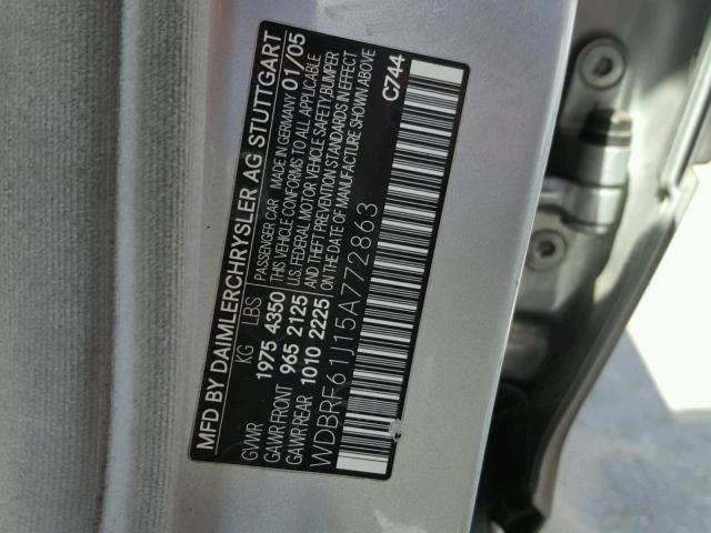 WDBRF61J15A772863 - 2005 MERCEDES-BENZ C 240 SILVER photo 10