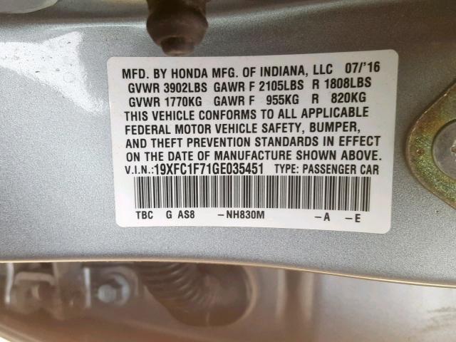 19XFC1F71GE035451 - 2016 HONDA CIVIC EXL 银色 照片 10