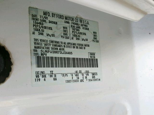 5LMFU28R73LJ24405 - 2003 LINCOLN NAVIGATOR WHITE photo 10