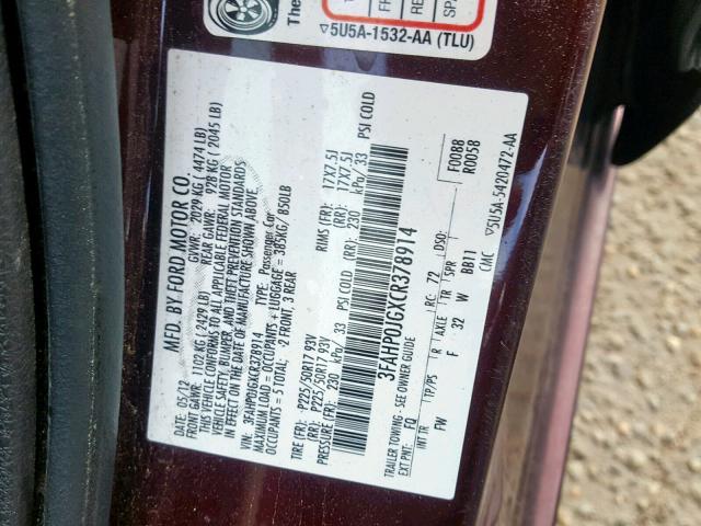 3FAHP0JGXCR378914 - 2012 FORD FUSION SEL MAROON photo 10