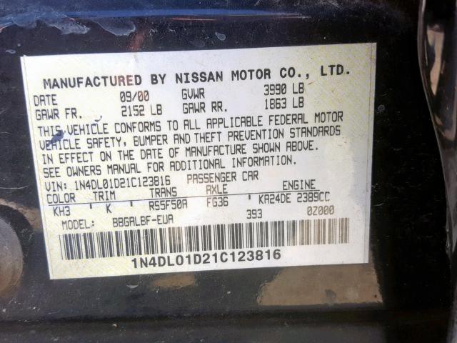 1N4DL01D21C123816 - 2001 NISSAN ALTIMA XE BLACK photo 10