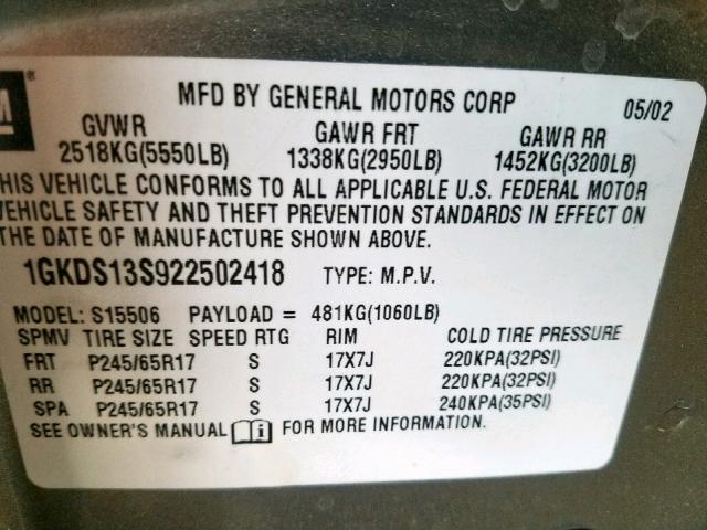 1GKDS13S922502418 - 2002 GMC ENVOY GRAY photo 10