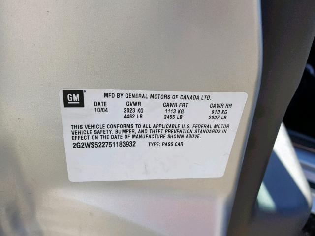 2G2WS522751183932 - 2005 PONTIAC GRAND PRIX SILVER photo 10