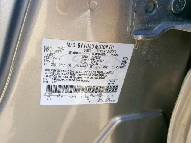 2FMDK36C38BA10087 - 2008 FORD EDGE SE SILVER photo 10