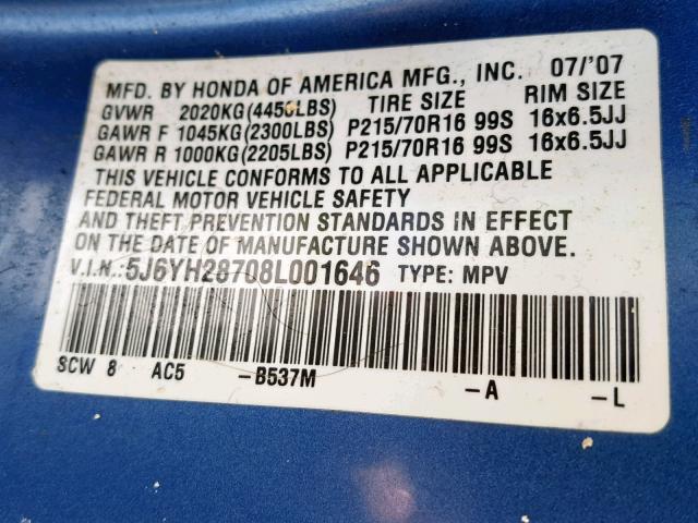 5J6YH28708L001646 - 2008 HONDA ELEMENT EX BLUE photo 10