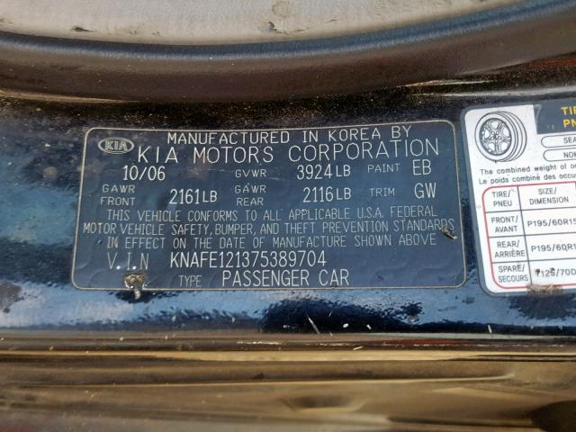 KNAFE121375389704 - 2007 KIA SPECTRA EX BLACK photo 10