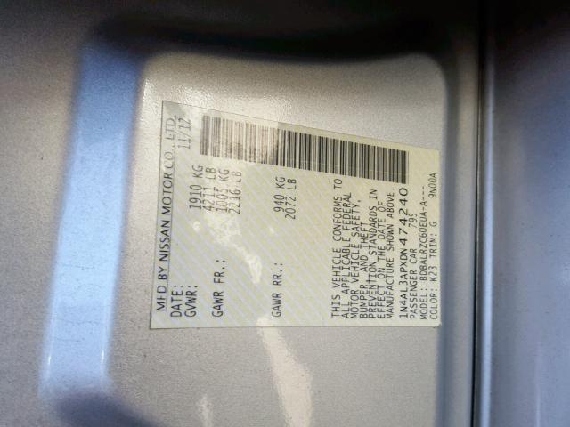 1N4AL3APXDN474240 - 2013 NISSAN ALTIMA SILVER photo 10