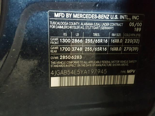 4JGAB54E5YA197945 - 2000 MERCEDES-BENZ ML 320 BLACK photo 10