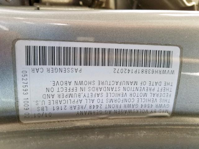 WVWRH63B81P142072 - 2001 VOLKSWAGEN PASSAT GLX GRAY photo 10