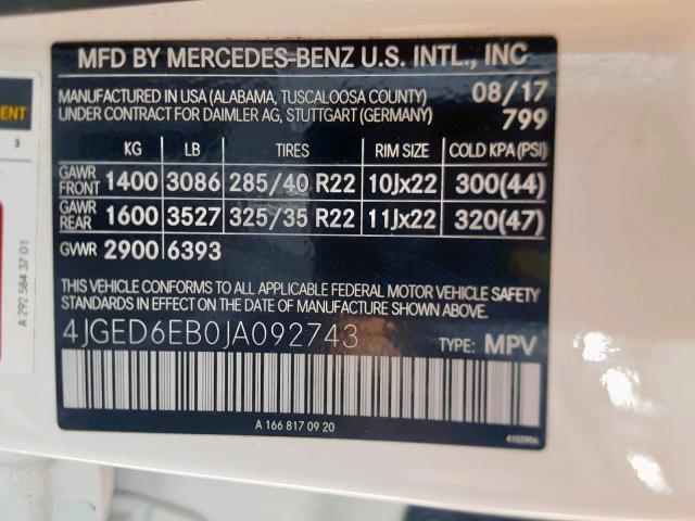 4JGED6EB0JA092743 - 2018 MERCEDES-BENZ GLE COUPE WHITE photo 10