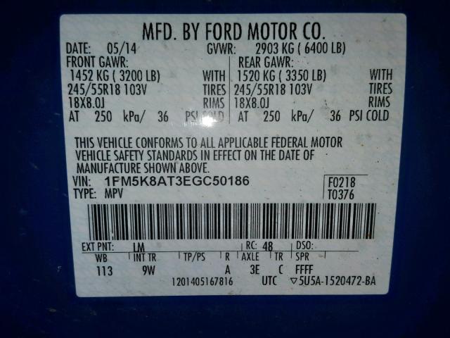 1FM5K8AT3EGC50186 - 2014 FORD EXPLORER P BLUE photo 10