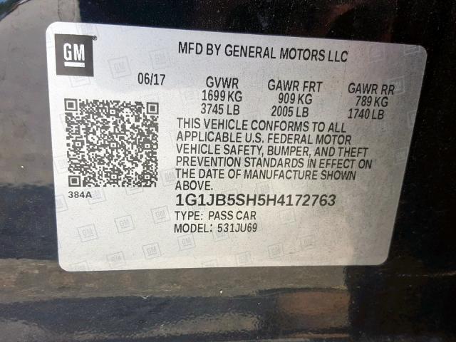 1G1JB5SH5H4172763 - 2017 CHEVROLET SONIC LS BLACK photo 10