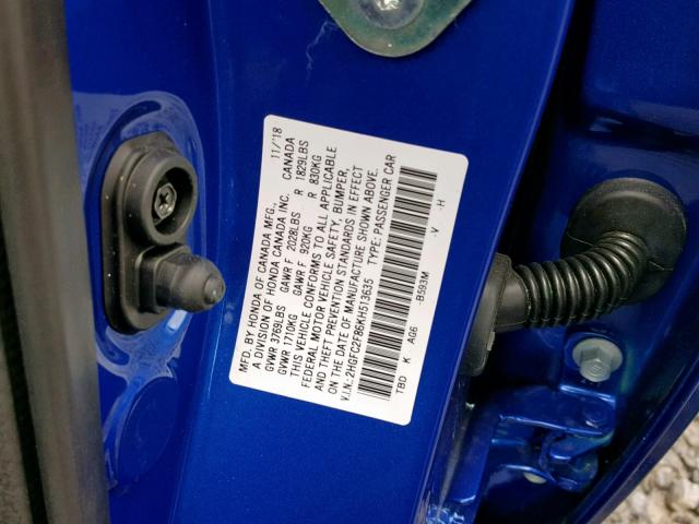 2HGFC2F86KH513635 - 2019 HONDA CIVIC SPOR BLUE photo 10