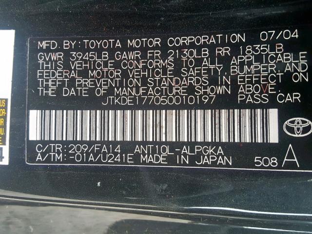 JTKDE177050010197 - 2005 TOYOTA SCION TC შავი ფოტო 10