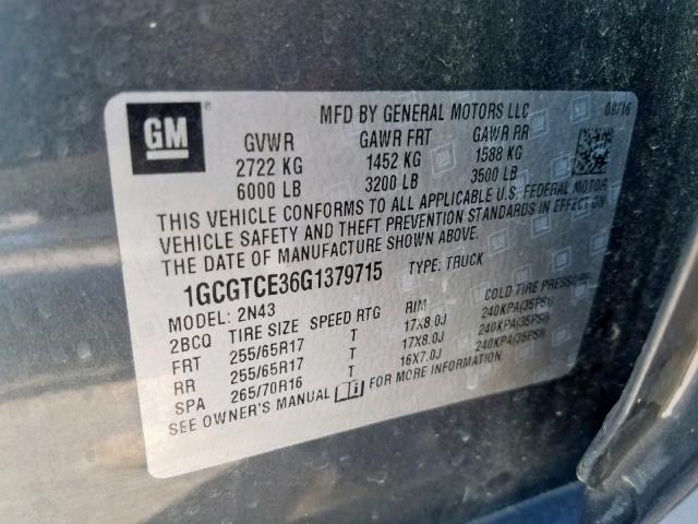 1GCGTCE36G1379715 - 2016 CHEVROLET COLORADO L GRAY photo 10