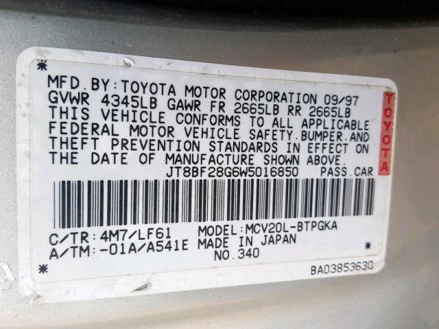 JT8BF28G6W5016850 - 1998 LEXUS ES 300 GRAY photo 10