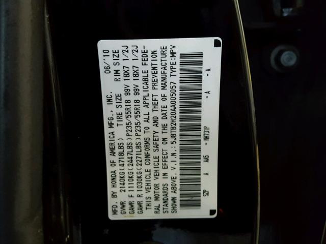 5J8TB2H20AA005057 - 2010 ACURA RDX BLACK photo 10