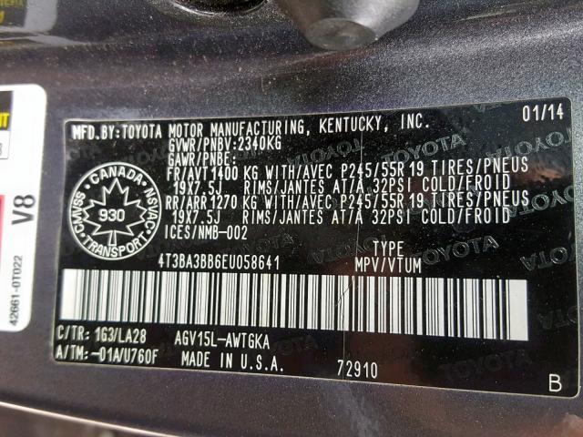 4T3BA3BB6EU058641 - 2014 TOYOTA VENZA LE GRAY photo 10