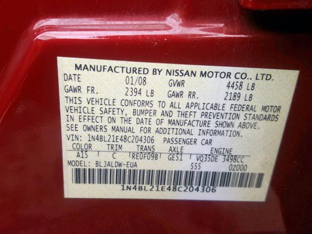 1N4BL21E48C204306 - 2008 NISSAN ALTIMA 3.5 RED photo 10