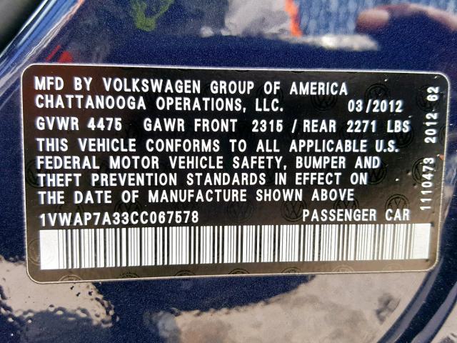 1VWAP7A33CC067578 - 2012 VOLKSWAGEN PASSAT S BLUE photo 10