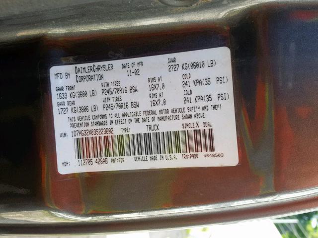 1D7HG32X03S223602 - 2003 DODGE DAKOTA SPO GRAY photo 10