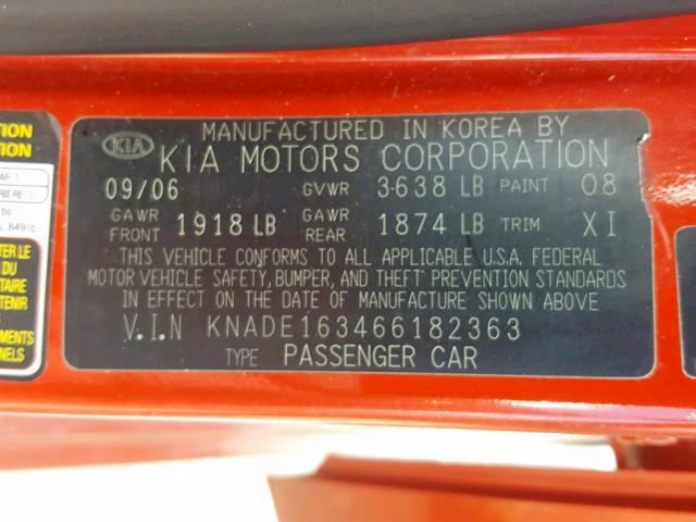 KNADE163466182363 - 2006 KIA RIO 5 RED photo 10