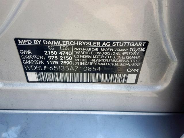 WDBUF65J35A710854 - 2005 MERCEDES-BENZ E 320 SILVER photo 10