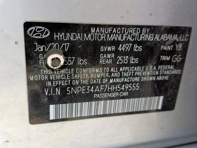 5NPE34AF7HH549555 - 2017 HYUNDAI SONATA SPO SILVER photo 10