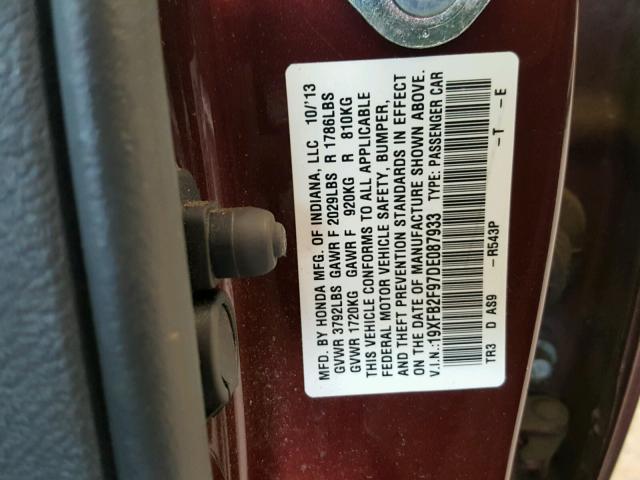 19XFB2F97DE087933 - 2013 HONDA CIVIC EXL BURGUNDY photo 10