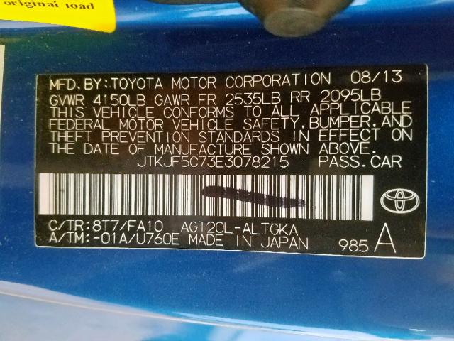 JTKJF5C73E3078215 - 2014 TOYOTA SCION TC ლურჯი ფოტო 10