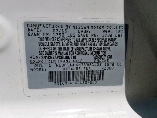 3N1CN7APXGL807810 - 2016 NISSAN VERSA S WHITE photo 10