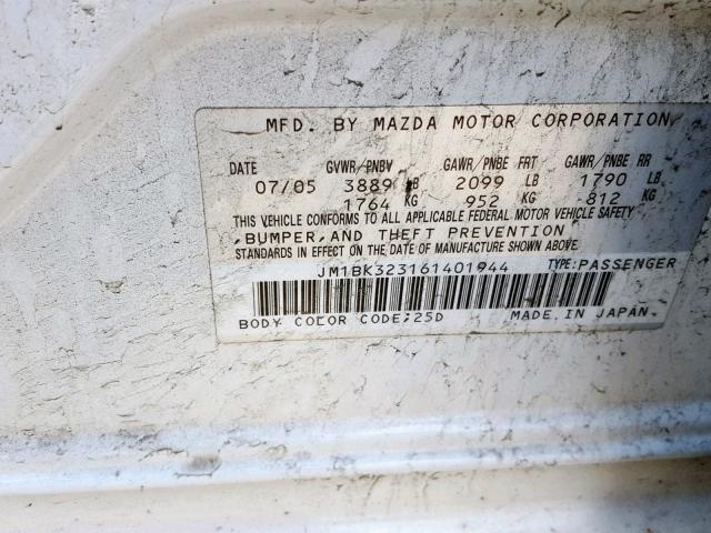 JM1BK323161401944 - 2006 MAZDA 3 S WHITE photo 10