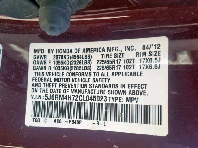 5J6RM4H72CL045023 - 2012 HONDA CR-V EXL MAROON photo 10