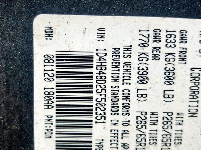 1D4HB48D25F502351 - 2005 DODGE DURANGO SL GRAY photo 10