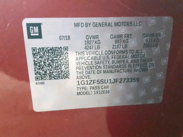 1G1ZF5SU1JF273359 - 2018 CHEVROLET MALIBU HYB RED photo 10