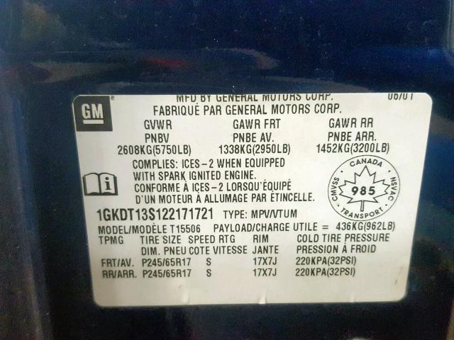 1GKDT13S122171721 - 2002 GMC ENVOY BLUE photo 10