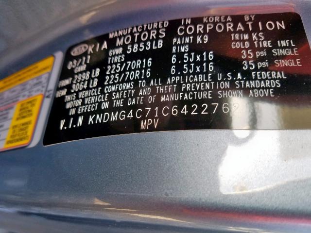 KNDMG4C71C6422762 - 2012 KIA SEDONA LX BLUE photo 10