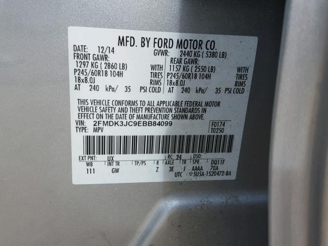 2FMDK3JC9EBB84099 - 2014 FORD EDGE SEL SILVER photo 10