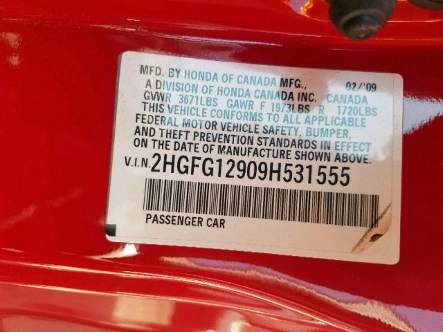 2HGFG12909H531555 - 2009 HONDA CIVIC EXL RED photo 10