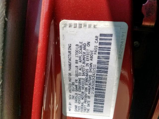 1Y1SK5281XZ422511 - 1999 CHEVROLET GEO PRIZM მუქწითელი ფოტო 10